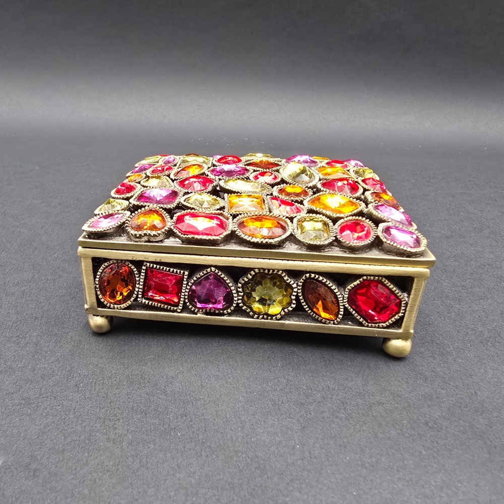 Vintage Style Bejeweled Jewelry Box Bronze Tone Multi Color Gemstone Trinket Box